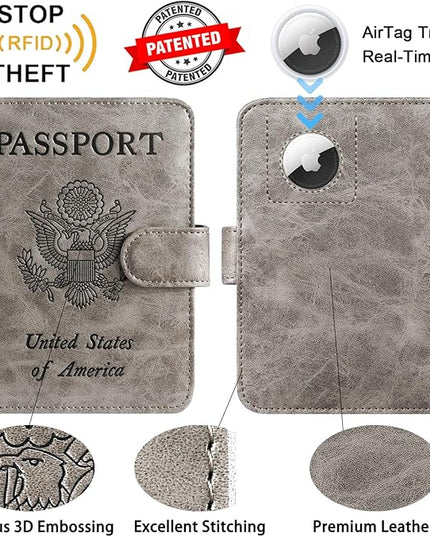 Airtag Passport Holder Cover Wallet RFID Blocking Leather Case Travel Essentials Luggage Accessories Travel Must Have(118#Grey)