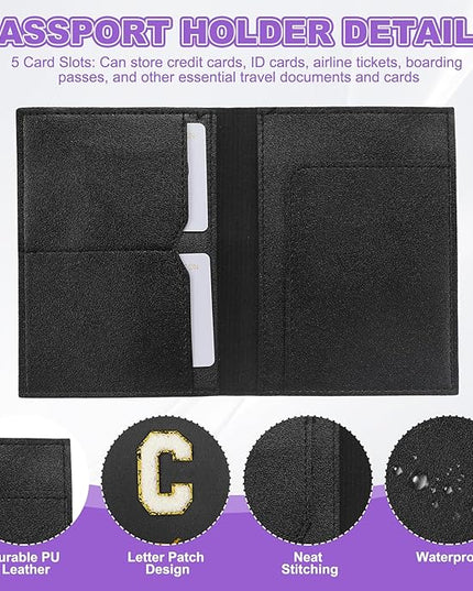 PATIKIL Passport Holder for Travel, Initial Passport Cover and Luggage Tag Set with Alphabet Chenille Letter Patch Travel Wallet Bag Suitcase Identifier for Women Family Travel Black C