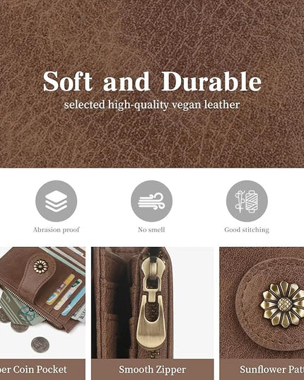 Blucoay Womens Wallet,RFID Blocking Wallet Women Soft Leather Bifold Wallets For Women Card Holder With Removable ID Window greybrown