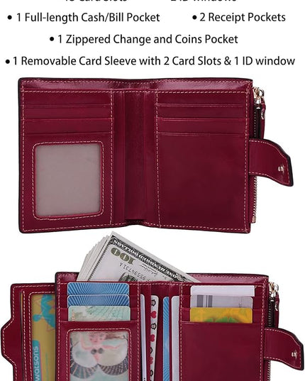 AINIMOER Women's RFID Blocking Leather Small Compact Bi-fold Zipper Pocket Wallet Card Case Purse with id Window