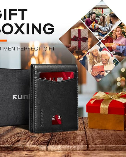 RUNBOX Wallet for Men Slim Leather Bifold RFID Blocking Minimalist Front Pocket Design with Gift Box