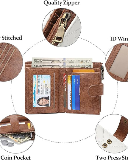 GAEKEAO Small Wallets for Women Leather RFID Blocking Bifold Zipper Pocket Wallet Card Case Purse with ID Window