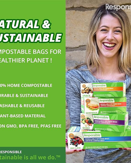 Certified Compostable QUART Resealable Zip Bag, Extra Strength Food Bags, Plant-Based Freezer-Safe (116 Pack)