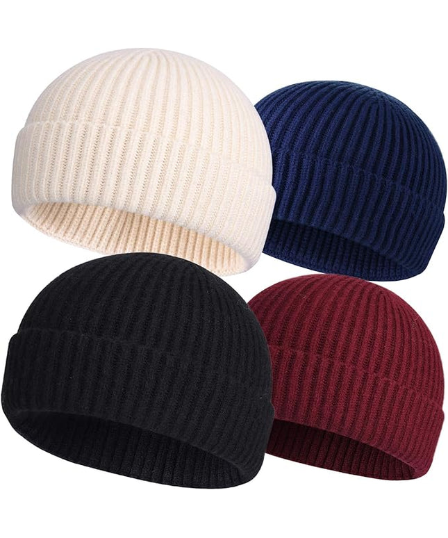 ROYBENS 4 Pack Wool Fisherman Beanies for Men, Knit Short Watch Cap Winter Warm Hats