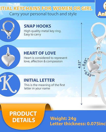 A-Z Heart Initial Letter Keychain, Stainless Steel Alphabet Charm for Handbags, Gift for Women and Girls