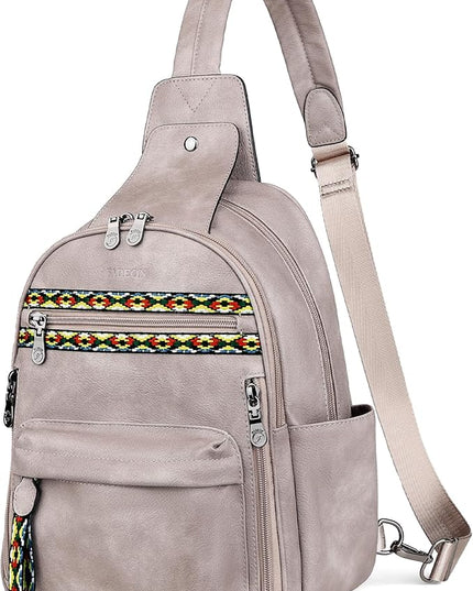FADEON Large Sling Bag for Women, Leather Crossbody Purse Designer Anti Theft Sling Backpack, RFID Fanny Packs for Travel