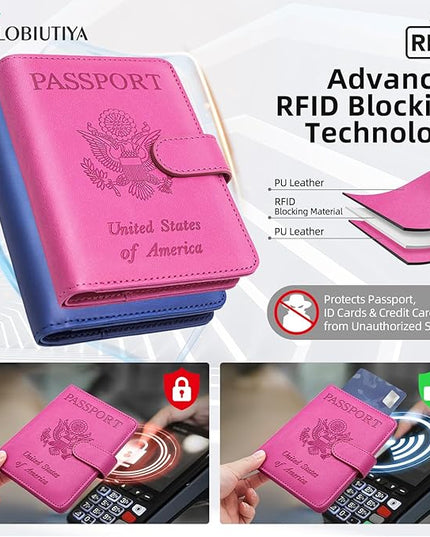 2 Pack Passport Holder For Travel with Slot for AirTag & Luggage Tag Cover – RFID Blocking Passport Holder for Travel Women/Men | PU Leather Passport Case with Pocket, Blue/Pink