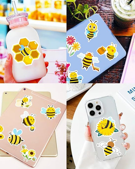 100pcs Bee Theme Waterproof Vinyl Stickers - Bumble Bee Decor & Party Favors Gifts for Laptop, Water Bottle, Skateboard