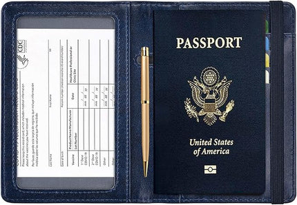 HerriaT Passport and Vaccine Card Holder Combo,Cover Case with CDC Vaccination Card Slot, Leather Travel Documents Organizer Protector, with RFID Blocking, for Women and Men