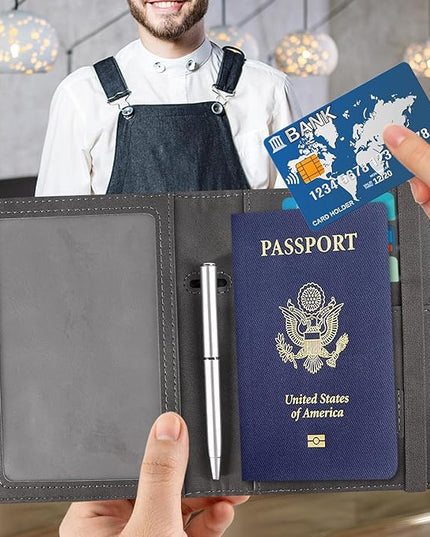 ACdream RFID BLOCKING Passport Holder Travel Wallet - Premium PU Leather Cover Passport book with Card Holder, Pen Slot, Keep Organization, and Travel Essentials for Women and Men - Grey
