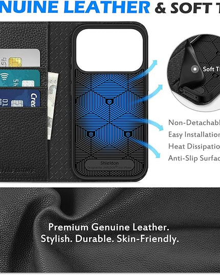 SHIELDON Real Leather Wallet Case for iPhone 17 Pro 6.3 Inch 5G 2025 | Magnetic Cover | RFID Blocking Card Slots | Kickstand | Folio Protective Phone Shell | Women Men | Pebbled Black