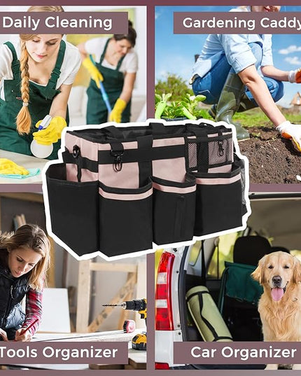 Wearable Cleaning Caddy, Cleaning Caddy Supplies Organizer with Handle & Shoulder Straps for Housekeepers, Under Sink & Car Cleaning Tool Organizers Bag with 4 Foldable Divider (Pink)