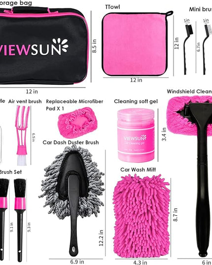 Viewsun 20PCS Car Cleaning Kit, Pink Car Interior Detailing Kit with Drill Brush Set, Windshield Cleaning Tool, Detailing Brushes, Wire Brushes, Cleaning Gel, Complete Cleaning Supplies for Women
