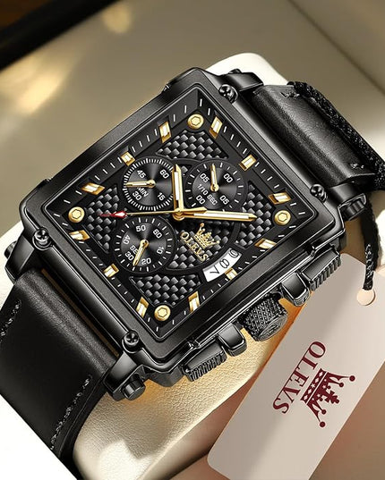 OLEVS Men's Chronograph Leather Watch, Big Face Easy to Read Analog Quartz Dress Watch, Casual Waterproof Luminous Hands Date Watches for Men, White/Blue/Black/Gold Dial