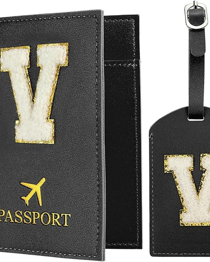 PATIKIL Passport Holder for Travel, Initial Passport Cover and Luggage Tag Set with Alphabet Chenille Letter Patch Travel Wallet Bag Suitcase Identifier for Women Family Travel Black V