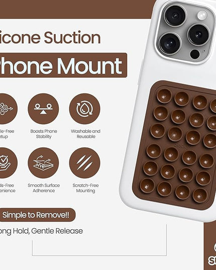 SUCKY Silicone Suction Phone Case Adhesive Mount - Hands-Free, Strong & Sticky Light-Weight Grip Holder for Selfies & Tiktok Videos – Compatible with All iPhones & Androids (Brown)