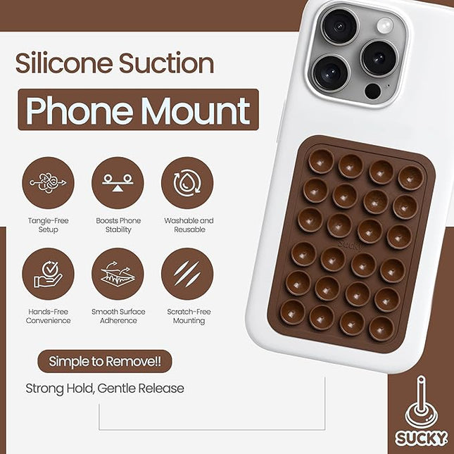 SUCKY Silicone Suction Phone Case Adhesive Mount - Hands-Free, Strong & Sticky Light-Weight Grip Holder for Selfies & Tiktok Videos – Compatible with All iPhones & Androids (Brown)