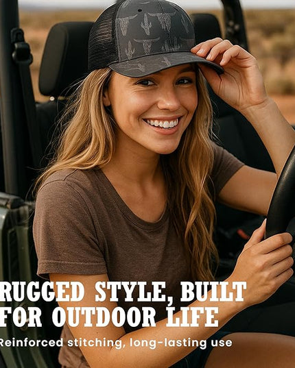 Western Trucker Charcoal Bull Cactus Baseball Cap Outdoor Punchy Mesh Snap Back with Adjustable Fit for Country Wear