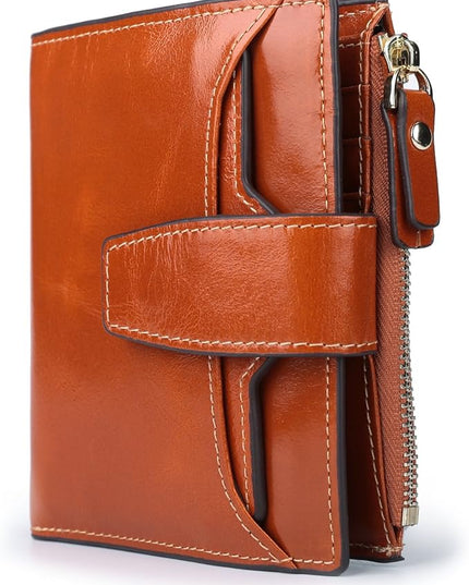 AINIMOER Women's RFID Blocking Leather Small Compact Bi-fold Zipper Pocket Wallet Card Case Purse with id Window