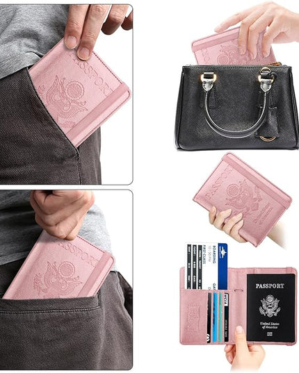 WALNEW Passport Holder for Travel, RFID Passport Cover Wallet for Women Men, PU Leather Passport Book Card Holder Case with Pen, Travelling Essentials for Flying