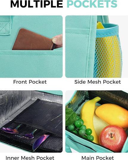 Fmeida Insulated Lunch Bag Women, 6.75L Small Lunch Bags with Multiple Pockets, Reusable Thermal Cooler Tote for Work, Office, Picnic, Travel | Hook and Loop Closure, Mint Blue