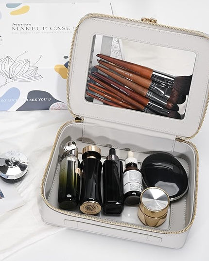 Aveniee Clear Makeup Bags, Double Layer Cosmetic Bags with a Separate Brush Compartment, Large Travel Toiletry Bag Train Case for Women, Travel Accessories Organizer,2 Layers Large, Grey