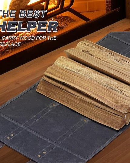 Log Carrier|Waxed Canvas Log Holder|Firewood Carrier Tote Bag|Fireplace Wood Stove Accessories-Grey