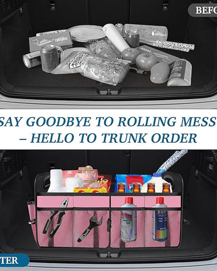 Trunk Organizer, Collapsible Waterproof Multi-Compartment Trunk Organizer for SUVs & Sedans, Car Storage with Reinforced Handles, Car Accessories for Women and Men, 52L