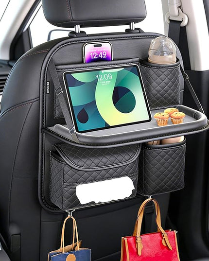 Leather Car Backseat Organizer with Foldable Table Tray - Cup, Tissue, Tablet Holder & Purse Hook, Road Trip Essentials for Car (Black)