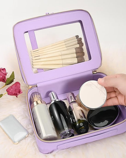 Aveniee Clear Makeup Bags, Double Layer Cosmetic Bags with a Separate Brush Compartment, Large Travel Toiletry Bag Train Case for Women, Travel Accessories Organizer.2 Layers Large, Lilac