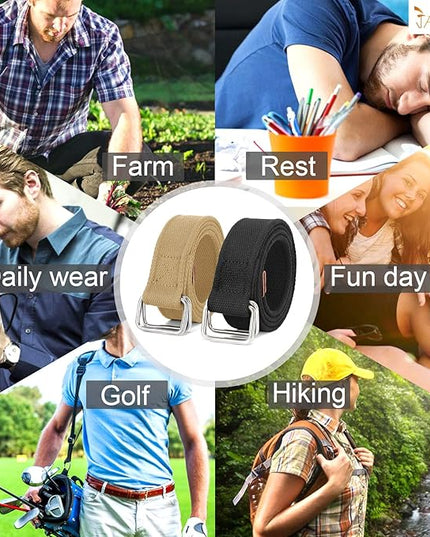 JASGOOD Men Canvas Fabric Belts Casual Web Cloth Belts with Black Double Ring Buckle 2 Pack