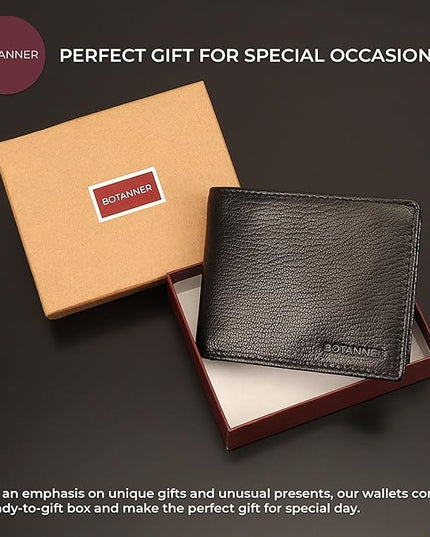 BOTANNER Genuine Leather Mens Bifold Wallet RFID Blocking 5 Credit Card Slots 1 ID Window 2 Sections for Bills 2 Additional Slots | Ink Black