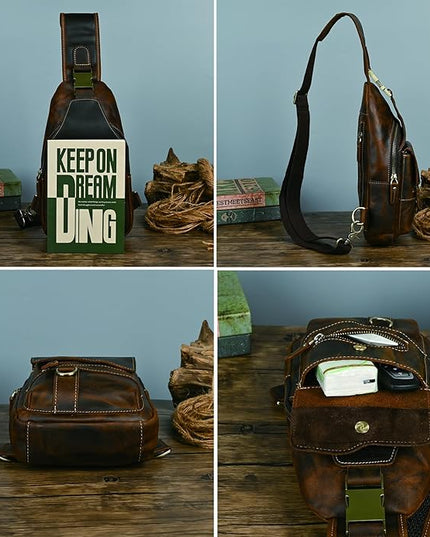 Genuine Leather Hiking Travel DayPack Sling Crossbody Triangle Chest Pack Bag For Men Women 8241