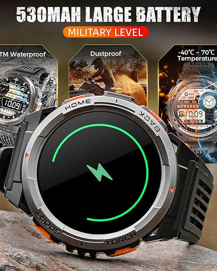 EIGIIS KE5 Military Smart Watch for Men with Flashlight SOS 3ATM Waterproof Watch 530mAh Big Battery 1.45" Rugged Tactical Smartwatch with Compass Elevation Barometer Fitness Watch for iPhone (Green)
