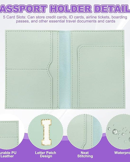 PATIKIL Passport Holder for Travel, Initial Passport Cover and Luggage Tag Set with Alphabet Chenille Letter Patch Travel Wallet Bag Suitcase Identifier for Women Family Travel Green I