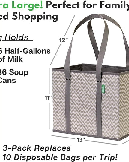 Reusable Grocery Bags (3 Pack) – Heavy Duty Reusable Shopping Bags with Box Shape to Stand Up and Stay Open – Large Tote Bags with Long Handles & Reinforced Bottom – Foldable Utility Bag – Chevron