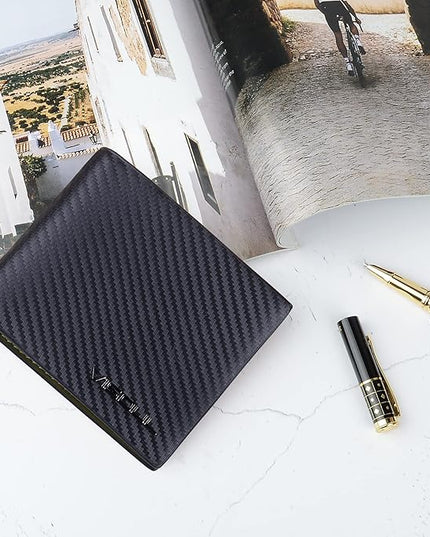 VISOUL Leather Mens Bifold RFID Blocking Wallet with 2 ID Windows, Leather Wallet for Men (Carbon Fiber, Black+Green)