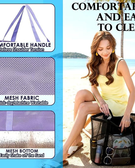 Mesh Beach Bag, Large Beach Tote with Zipper Pocket, Toys Pool Bag for Family Travel Vacation Cruise Essentials