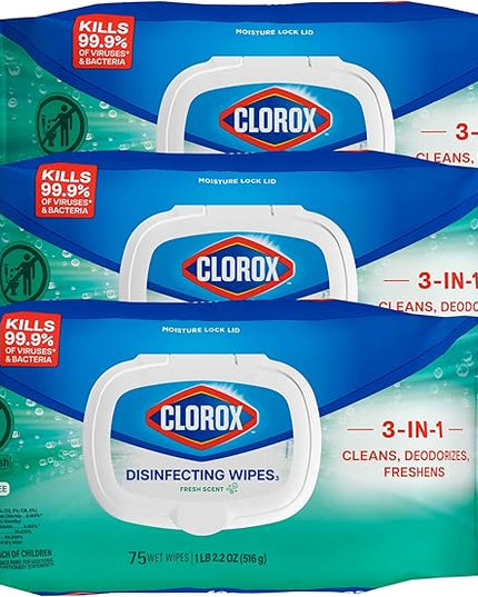 Clorox Disinfecting Wipes Flex Pack, Bleach Free, Fresh Scent, 75 Count, Pack of 3 (Pack May Vary)