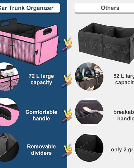 Femuar Car Trunk Organizer,Car Storage Organizer with 72L Large Capacity Waterproof Collapsible and 11 Pockets,Trunk Organizer for Car Suv/Jeep/Sedan, Large Size, Pink