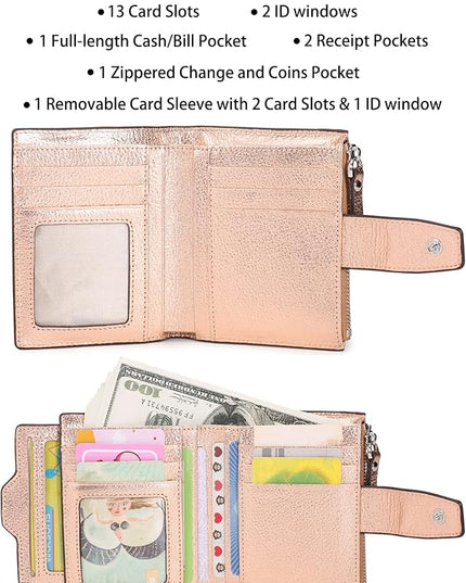 AINIMOER Women's RFID Blocking Leather Small Compact Bi-fold Zipper Pocket Wallet Card Case Purse with id Window
