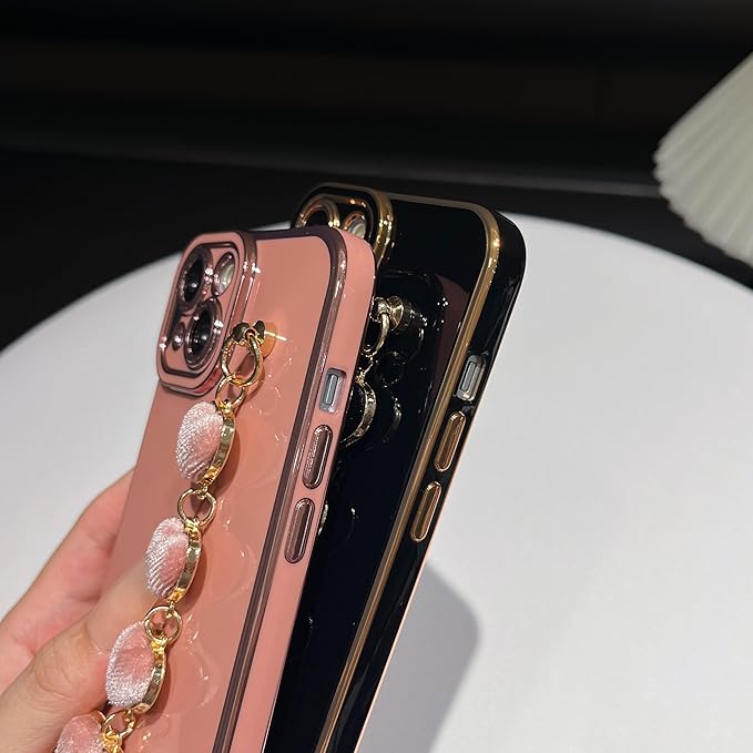 Caseative for iPhone 14 Case,Cute Plating Love Heart Wrist Strap Chain Bracelet Soft Compatible with iPhone Case for Women Girls (Blue,iPhone 14)