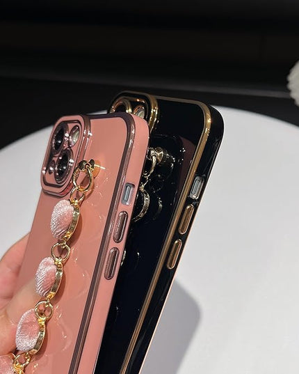 Caseative for iPhone 14 Case,Cute Plating Love Heart Wrist Strap Chain Bracelet Phone Case (Pink)