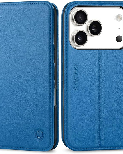 SHIELDON Genuine Leather Case Wallet for iPhone 17 Pro 6.3 Inch 2025 | Kickstand | RFID Blocking 3 Credit Card Holder | Flip Magnetic Closure | Shockproof Phone Cover | Sapphire Blue