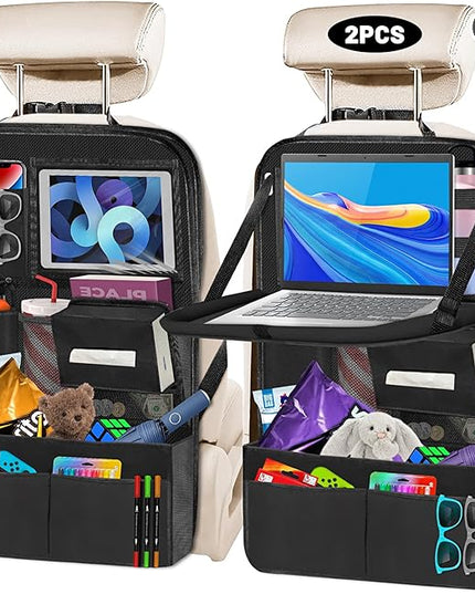 Backseat Car Organizer with Table Tray,12 Pockets Storage Organizer with Tablet Holder,Car Seat Organizer with Car Tissue Holder,Kick Mats Protector For Kids,Travel Accessories(2-Pack)