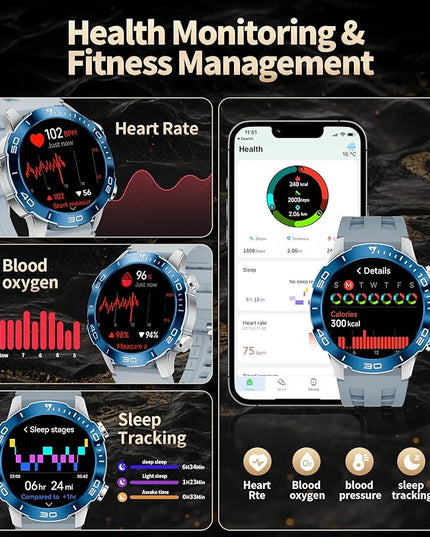 Military Smart Watch for Men(Answer/Calls),1.43''AMOLED Screen,500mAh 5ATM Waterproof,170 Sports Modes, Fitness Tracker Watch with Heart Rate/Blood Pressure/SpO2 for Android/iOS,Smartwatch Black