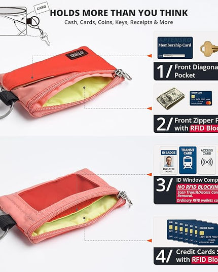 RFID Travel Wallet with Adjustable Lanyard-Zipper Small Wallet with ID Card Holder, Keychain for women&men-Minimalist Slim Waterproof Nylon case for ID, Cash, Key (BlazingOrange+CoralBlush)