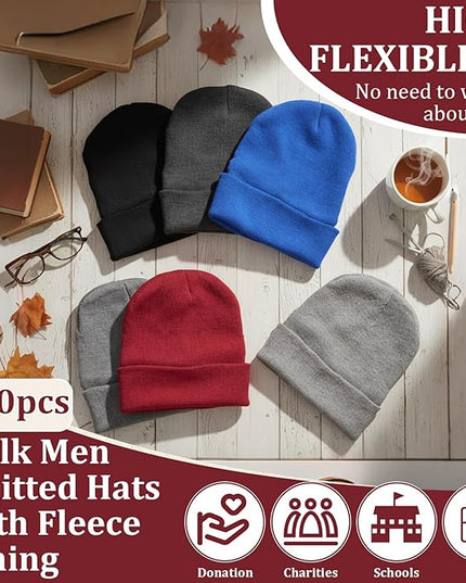 Chicingyou 120 Pcs Bulk Men Knitted Hats with Fleece Lining for Charity Homeless Donations, Unisex Beanies Winter Warm Hats