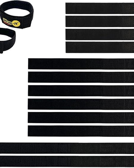 Quick-Straps by Wrap-It Storage - Assorted 12-Pack Black - Hook and Loop Hose and Cable Organizers