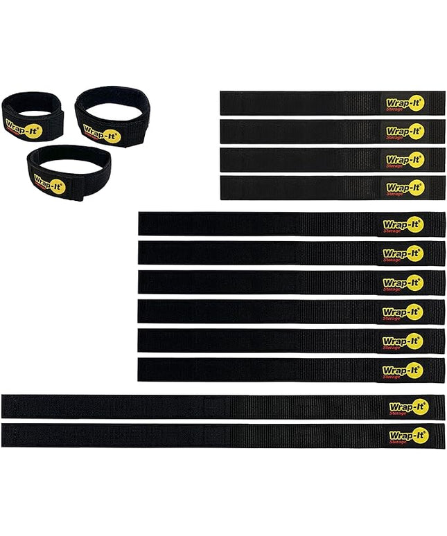 Quick-Straps by Wrap-It Storage - Assorted 12-Pack Black - Hook and Loop Hose and Cable Organizers